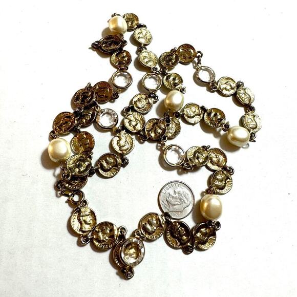 Vintage Faux Baroque Pearl and Goldtone Roman Coin Necklace Glass Flat Beads - Picture 9 of 9